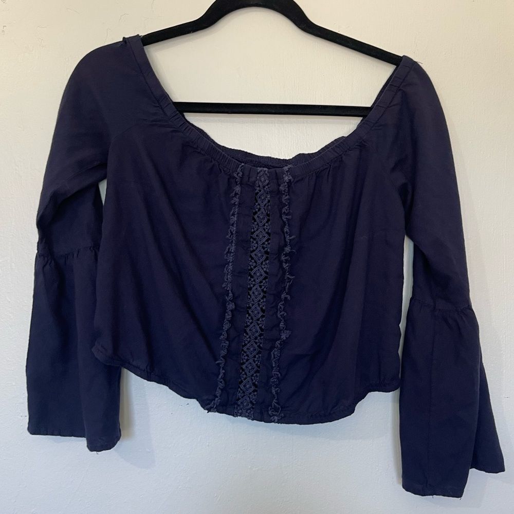 Rue21 Blue Crop Top with Lace Detail & Bell Sleeves - Picture 1 of 5